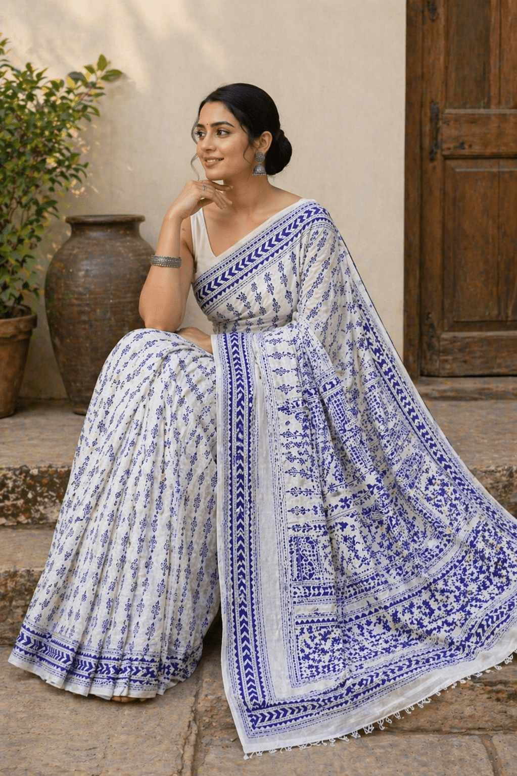 Tussar Silk Kantha Stitch Saree in White with All-Over Worli Motifs