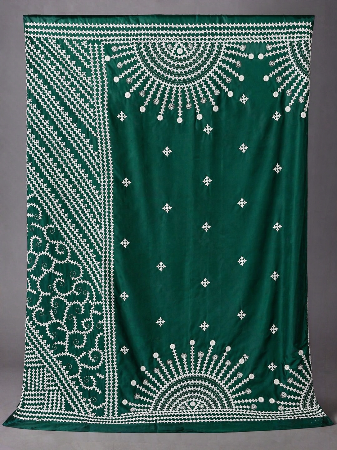 Kantha Stitch Gujarati Silk Saree in Bottle Green with Radial Handwork