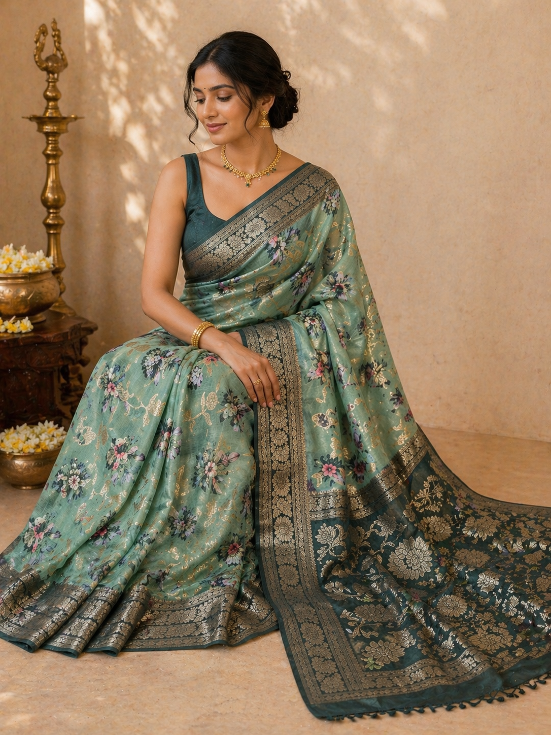 Organza Saree in Mint Green with Floral Print