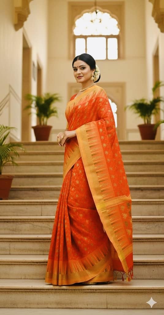 Bengal Tant Cotton Saree in Orange with Floral Motifs and Woven Border