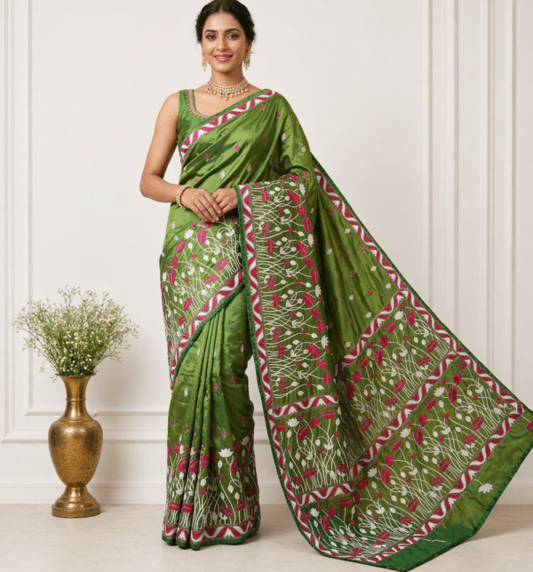 Kantha Stitch Saree in Green with Lotus Motifs