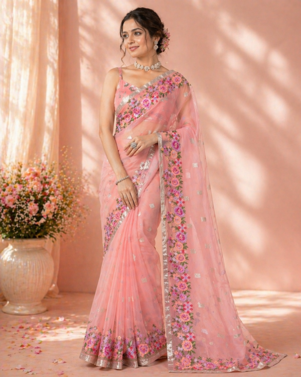 Organza Saree in Blush Pink with Floral Embroidery