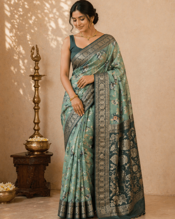 Organza Saree in Mint Green with Floral Print