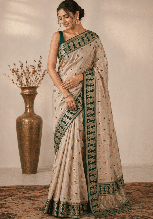 Banarasi Tissue Silk Saree in Off-White with Temple Zari Motifs