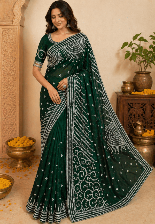 Kantha Stitch Gujarati Silk Saree in Bottle Green with Radial Handwork