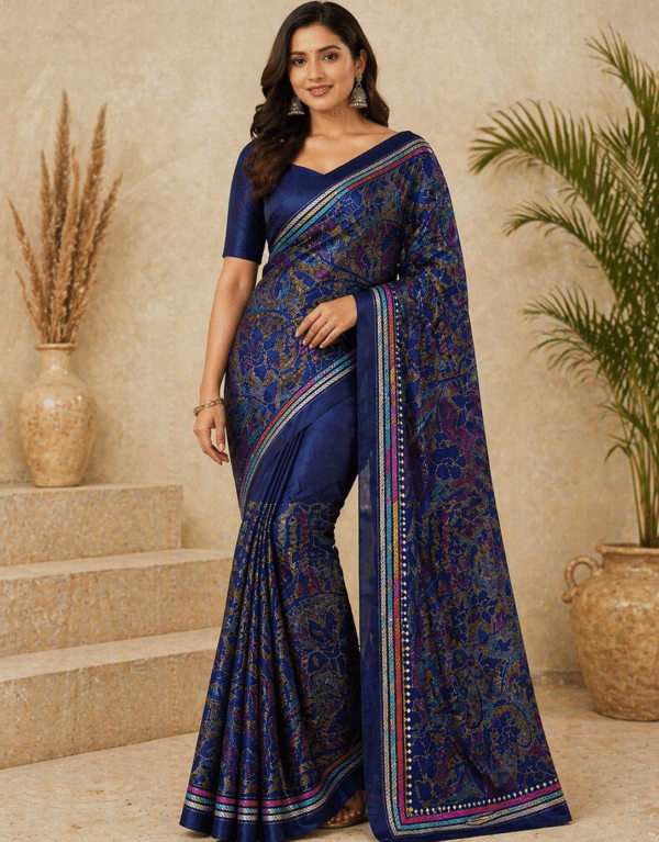 Kantha Stitch Saree in Navy Blue with Reverse Stitch Detailing