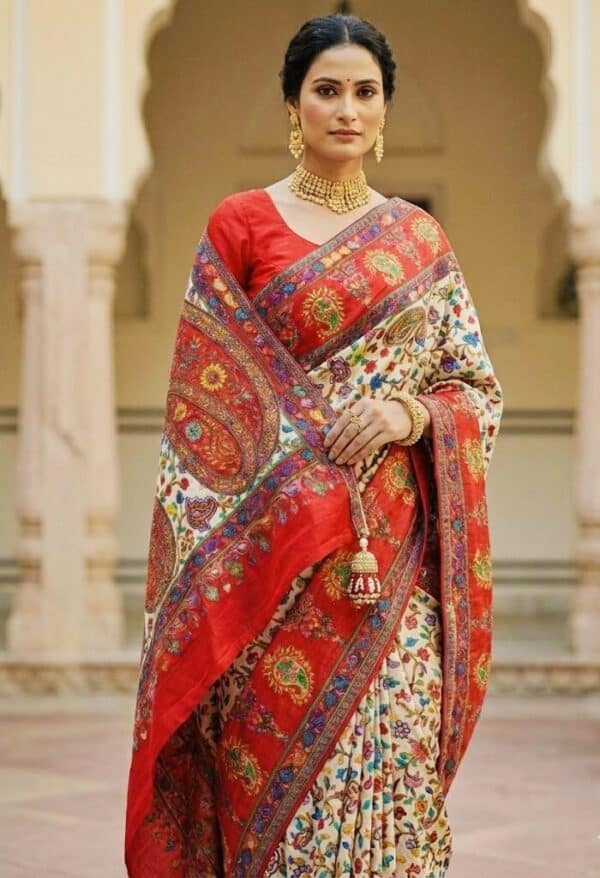 Pashmina Silk Saree in Red with Refined Woven Texture