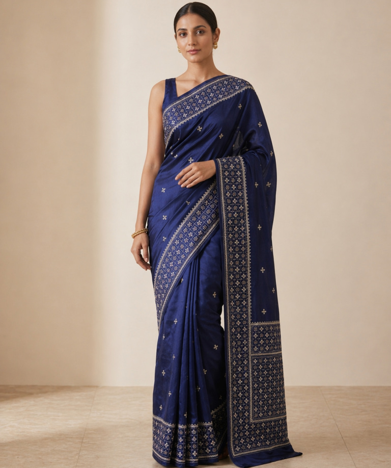 Kantha Stitch Gujarati Silk Saree in Blue with Geometric Handwork
