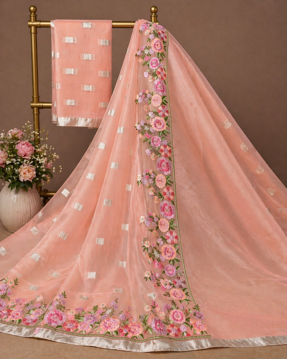 Organza Saree in Blush Pink with Floral Embroidery