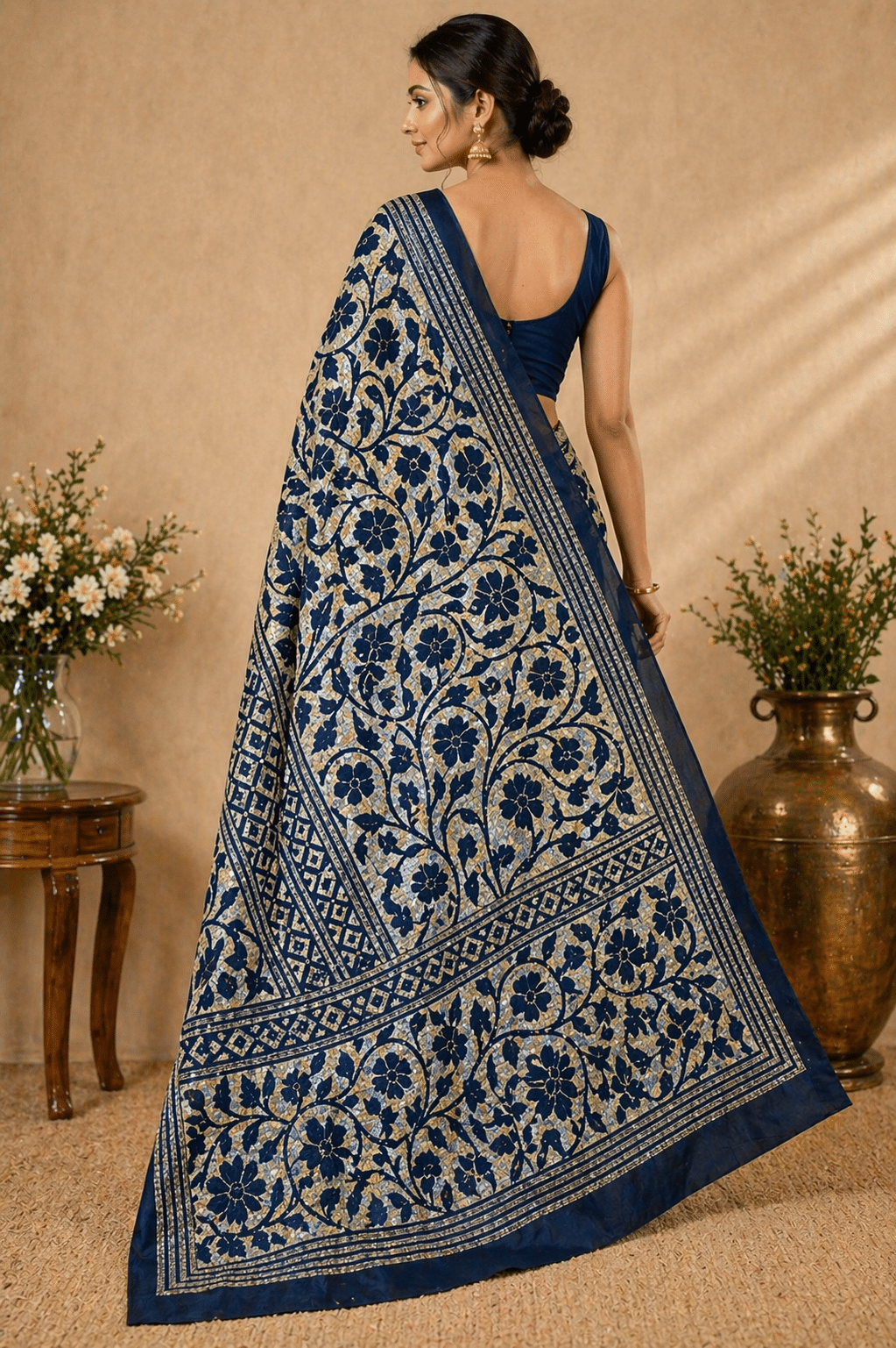 Kantha Stitch Collage Saree in Deep Blue with Artisanal Handwork