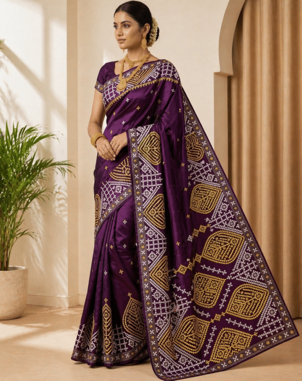 Kantha Stitched Gujarati Silk Saree in Purple with Geometric Handwork
