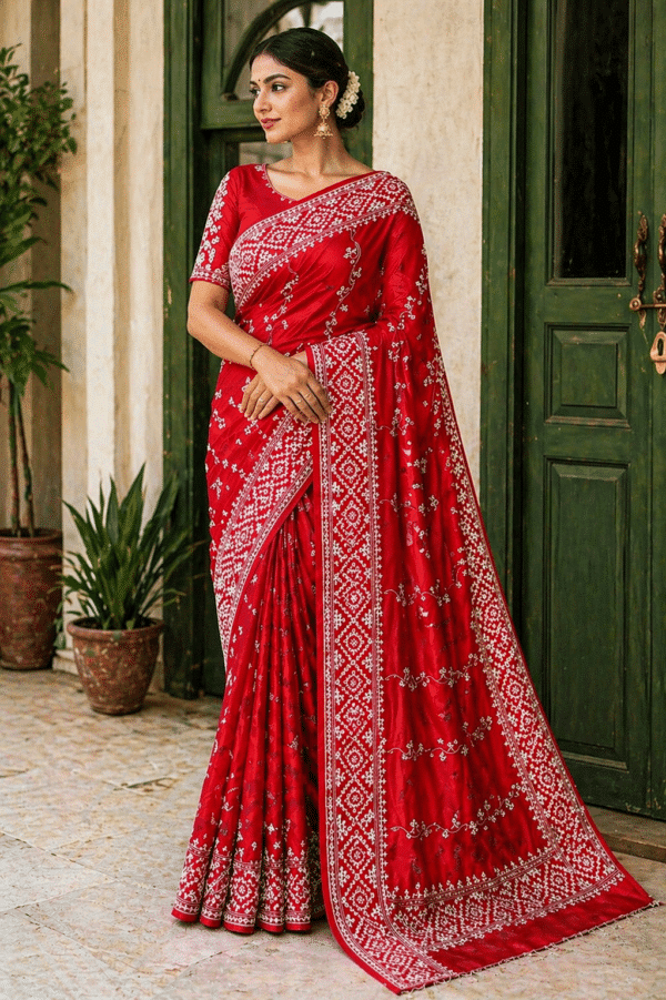 Kantha Stitch Gujarati Silk Saree in Red with All-Over Handwork