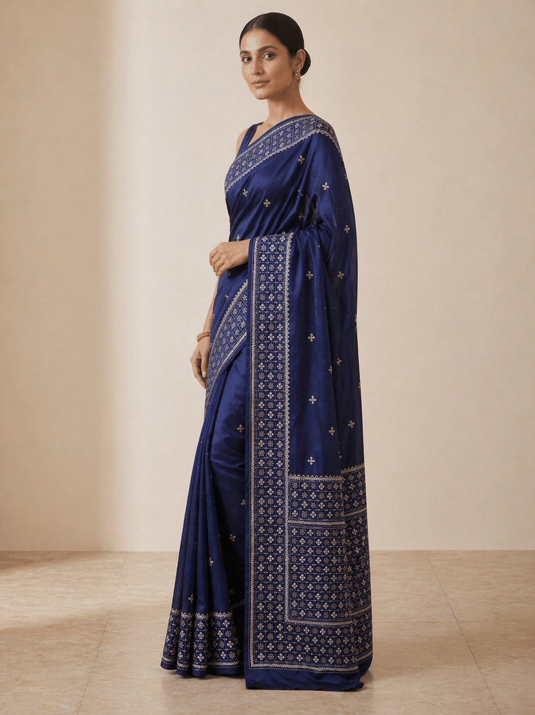 Kantha Stitch Gujarati Silk Saree in Blue with Geometric Handwork