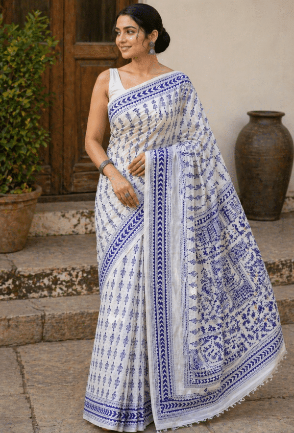 Tussar Silk Kantha Stitch Saree in White with All-Over Worli Motifs
