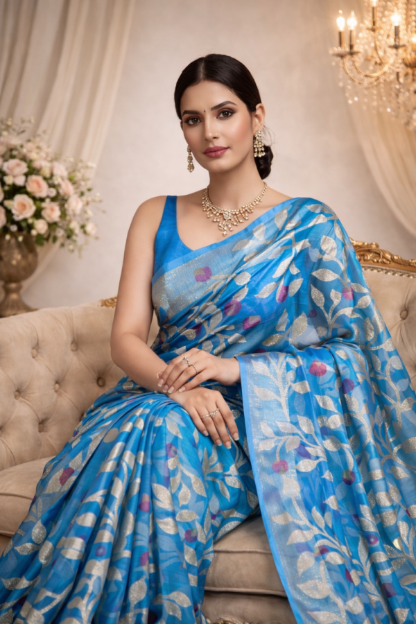Organza Muslin Saree in Blue with Floral Embroidery