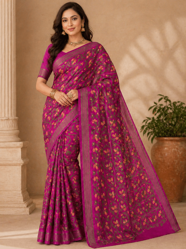 Bengal Tant Cotton Saree in Magenta with Floral Buti and Woven Border