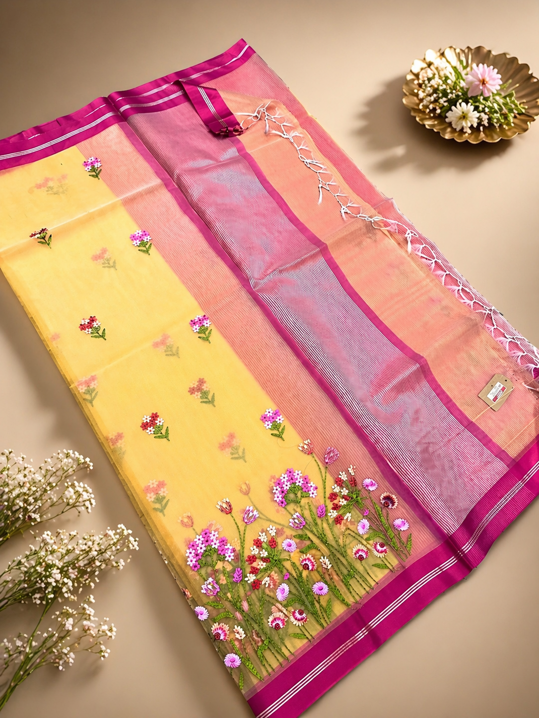 Organza Saree with Floral Embroidery and Buti Motifs