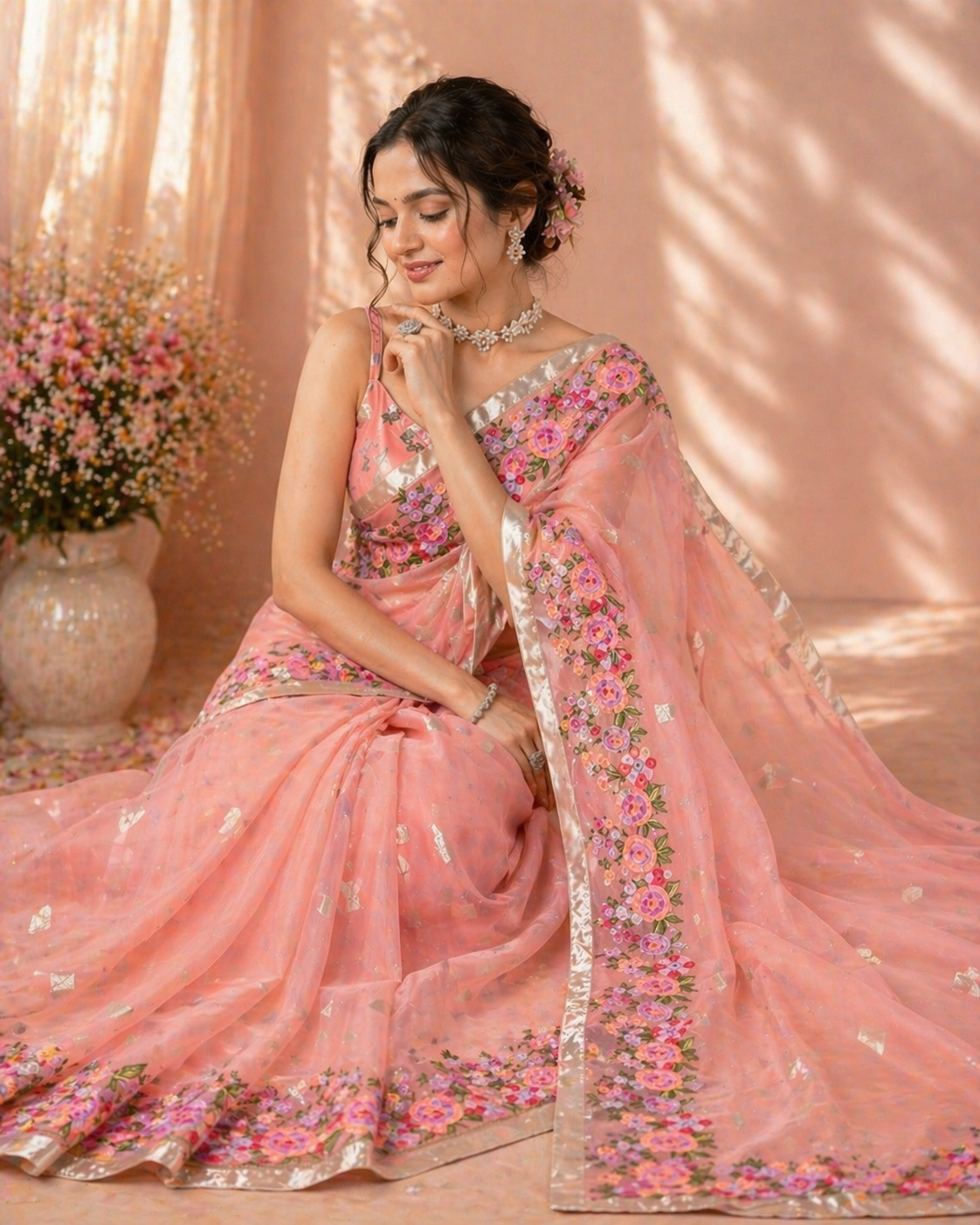 Organza Saree in Blush Pink with Floral Embroidery