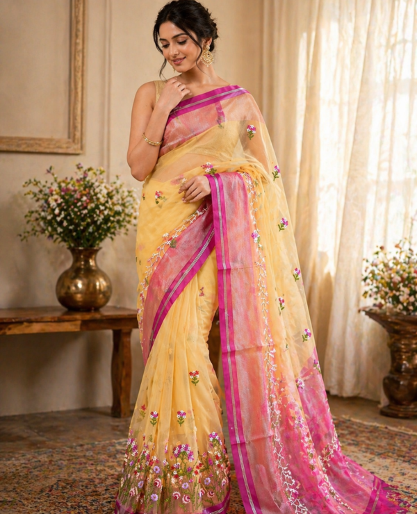 Organza Saree with Floral Embroidery and Buti Motifs