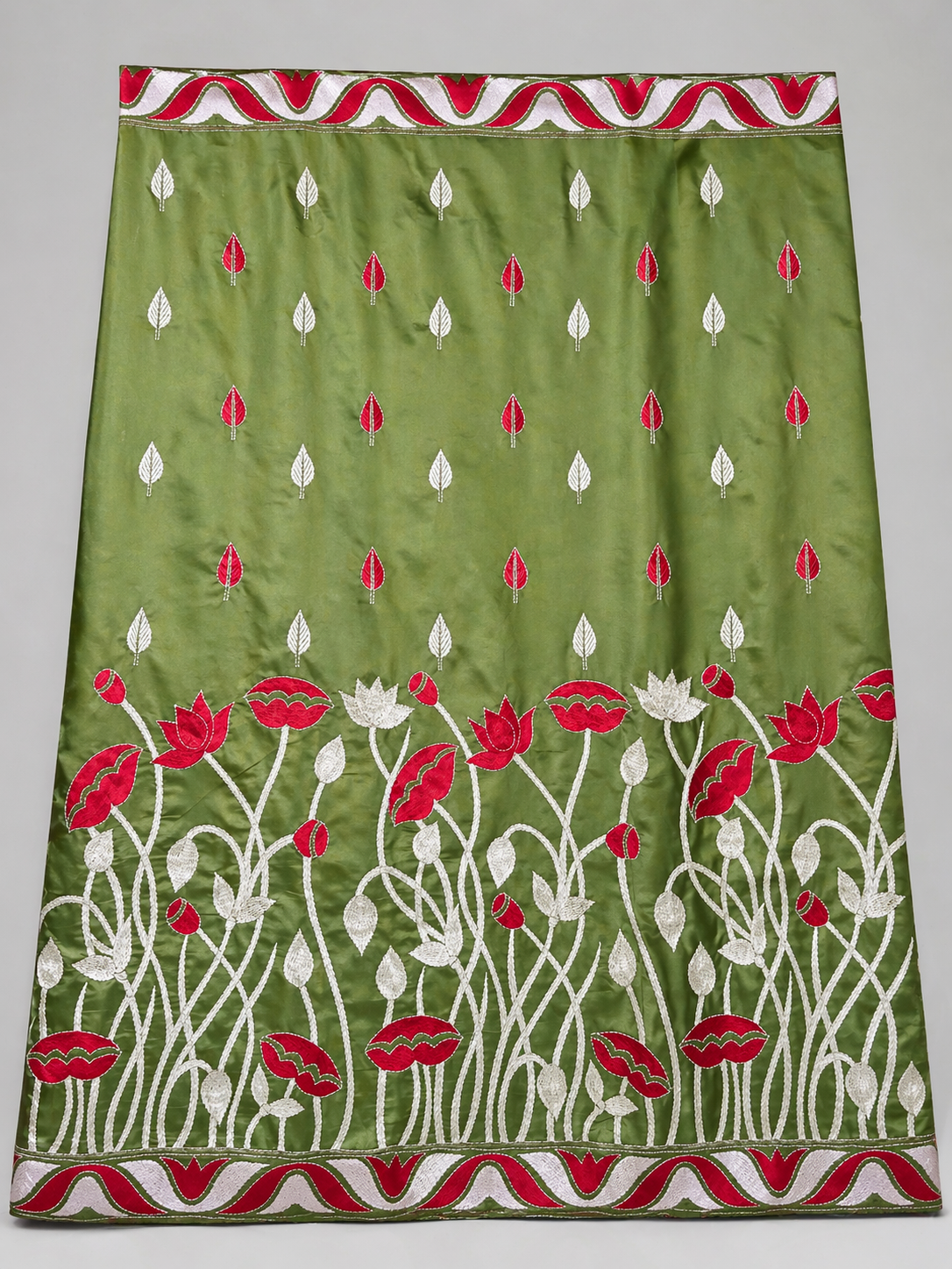 Kantha Stitch Saree in Green with Lotus Motifs