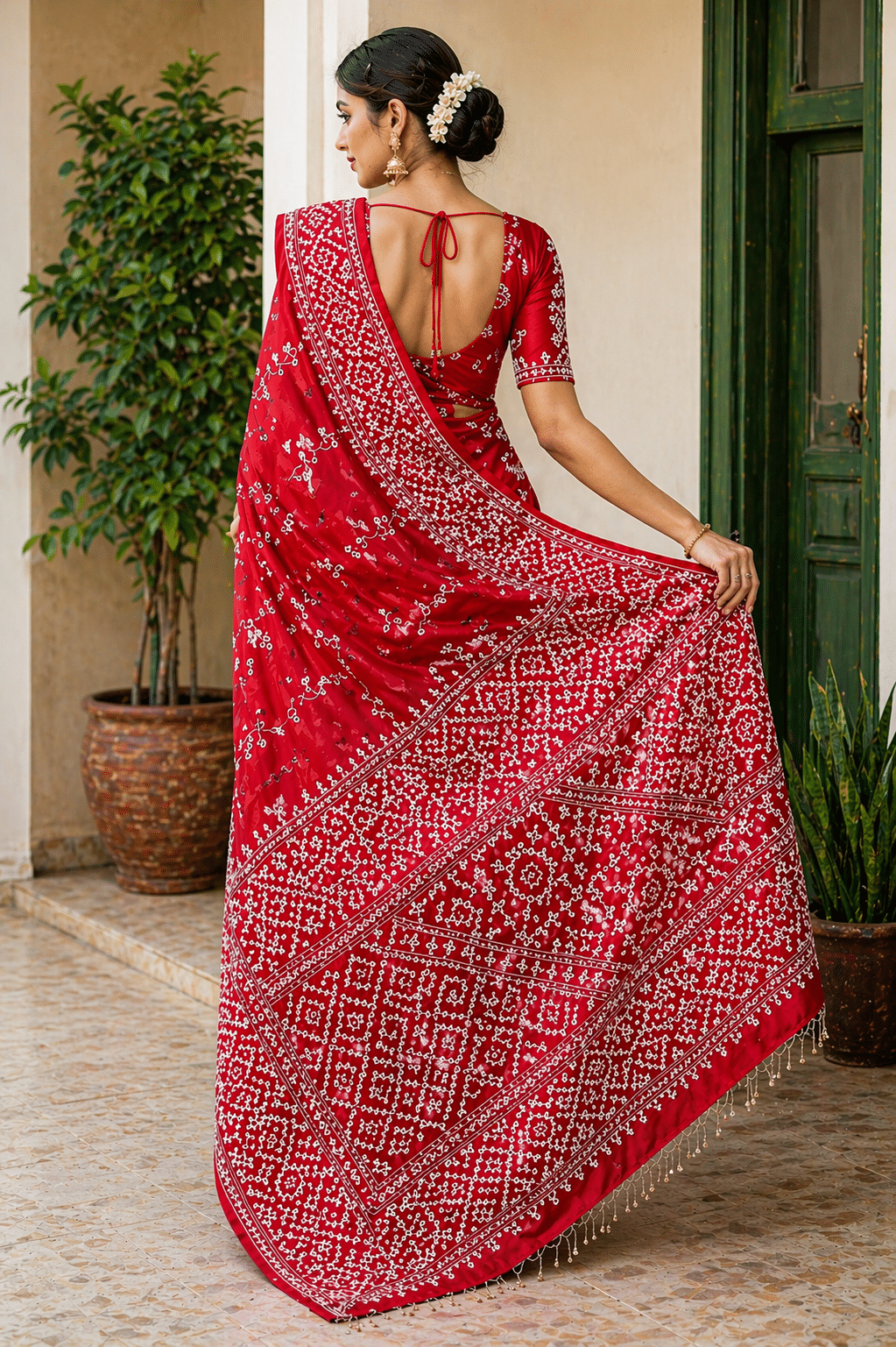 Kantha Stitch Gujarati Silk Saree in Red with All-Over Handwork