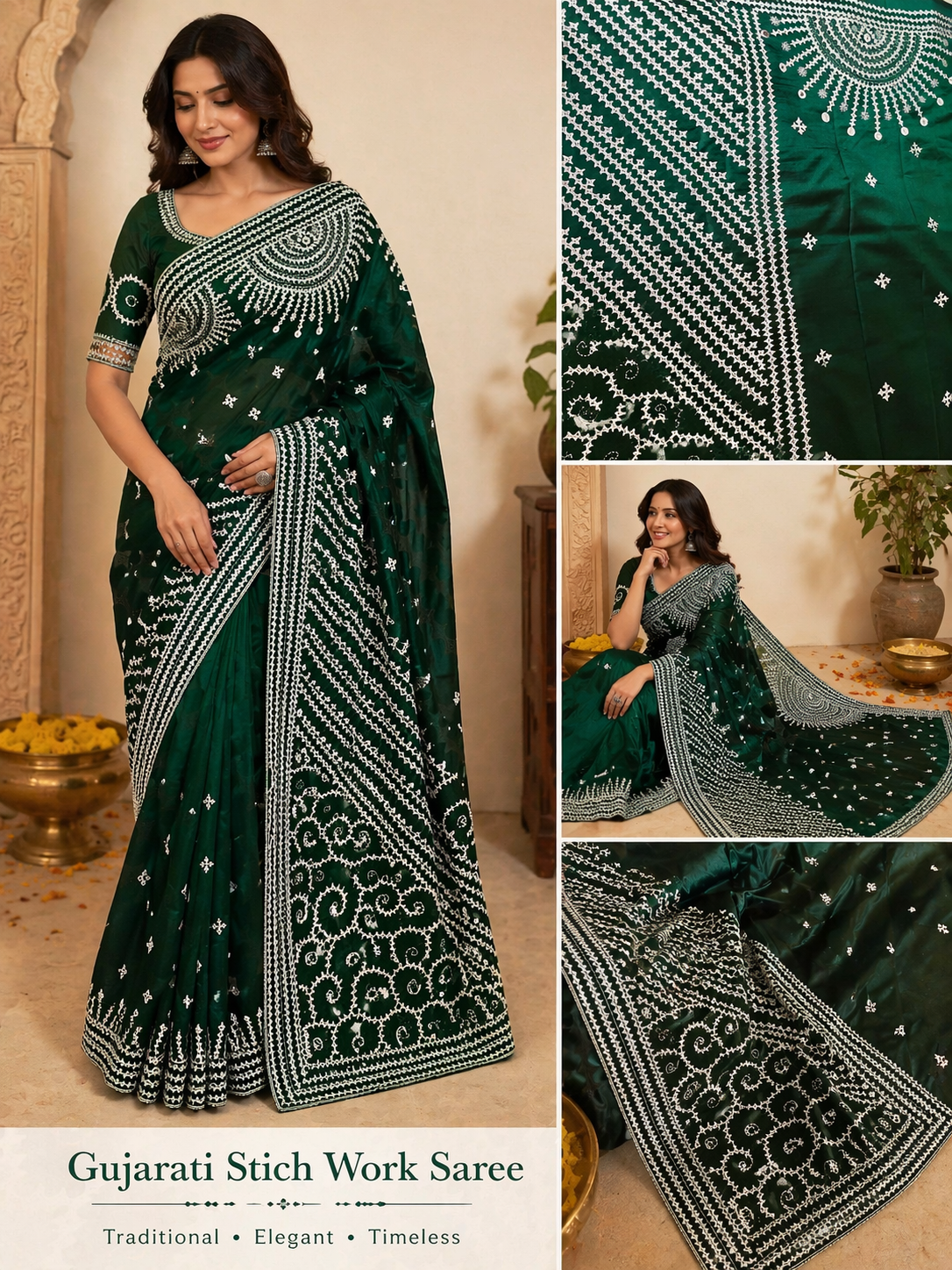 Kantha Stitch Gujarati Silk Saree in Bottle Green with Radial Handwork