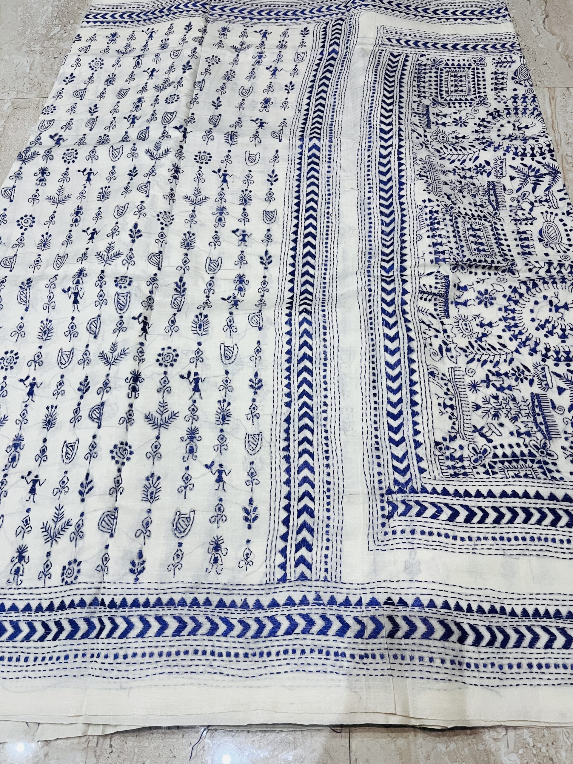 Tussar Silk Kantha Stitch Saree in White with All-Over Worli Motifs