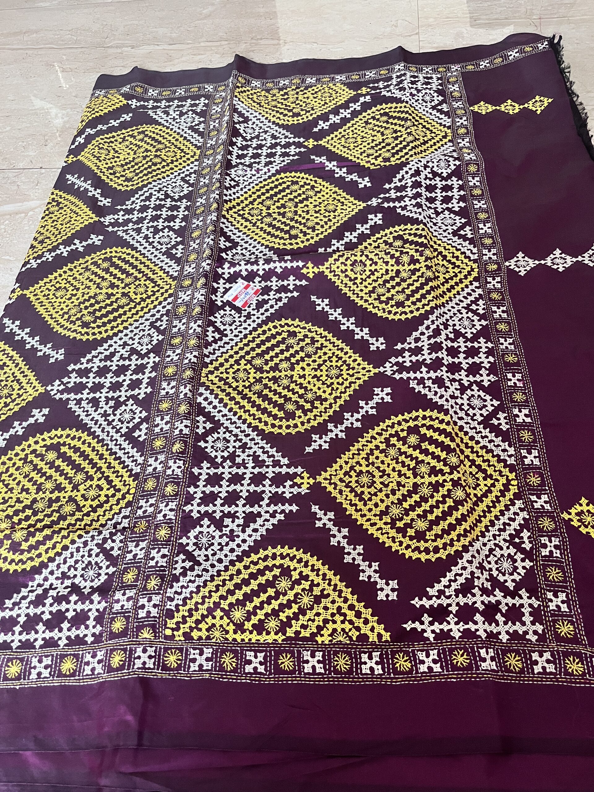 Kantha Stitched Gujarati Silk Saree in Purple with Geometric Handwork
