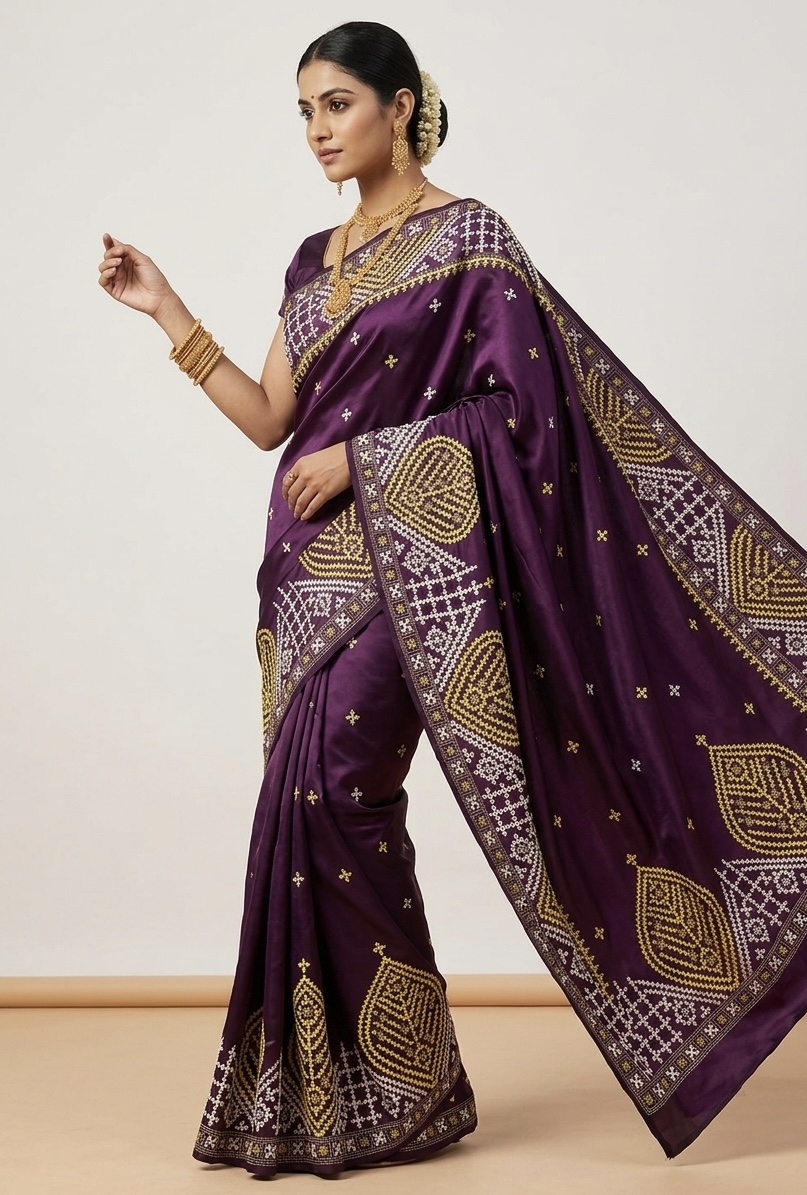 Kantha Stitched Gujarati Silk Saree in Purple with Geometric Handwork