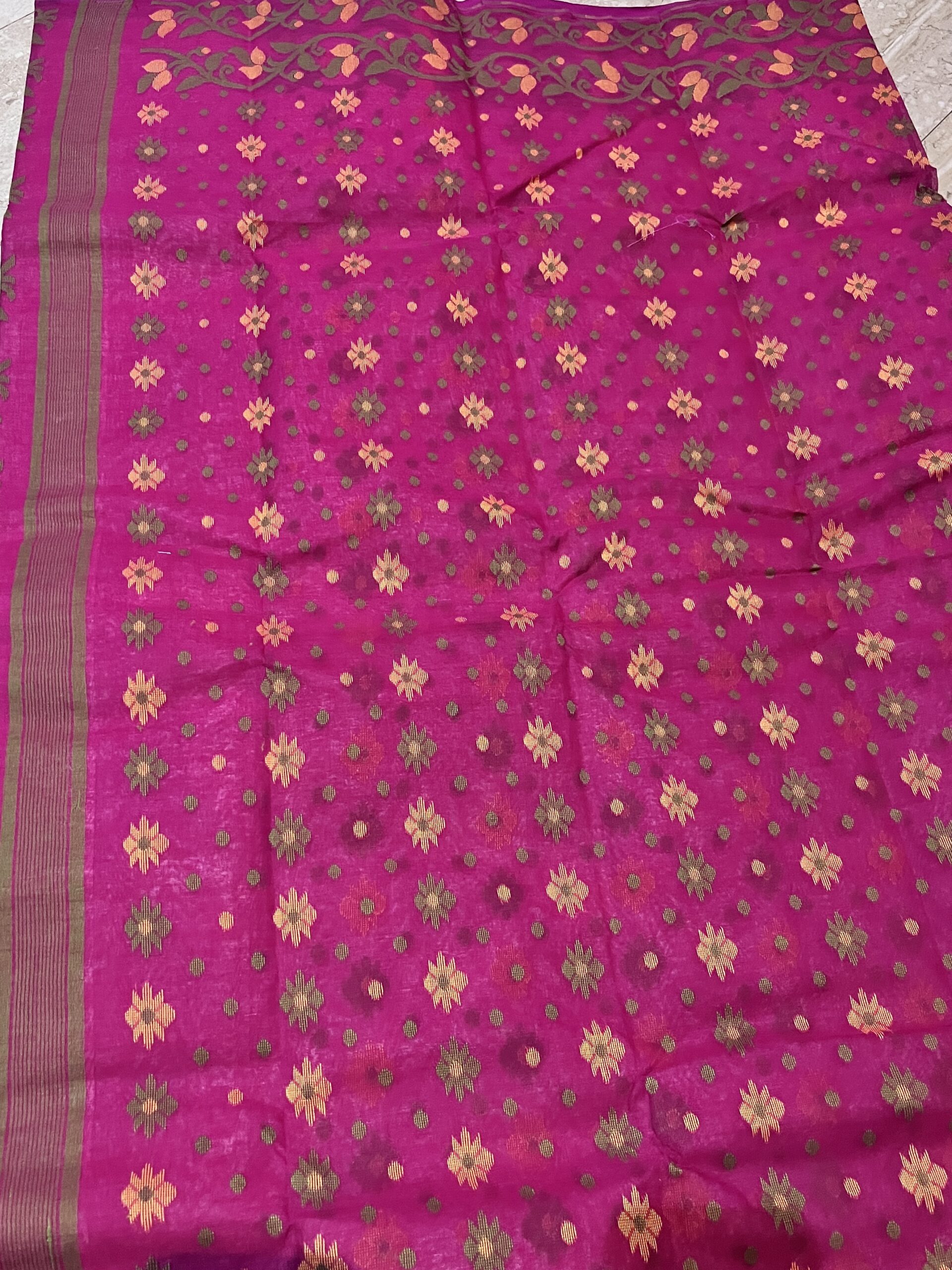 Bengal Tant Cotton Saree in Magenta with Floral Buti and Woven Border
