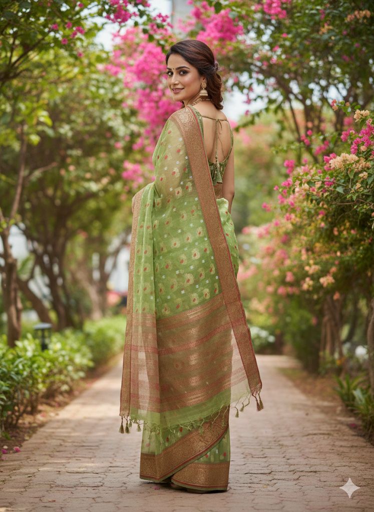 Bengal Tant Cotton Saree in Leaf Green with Buti Motifs