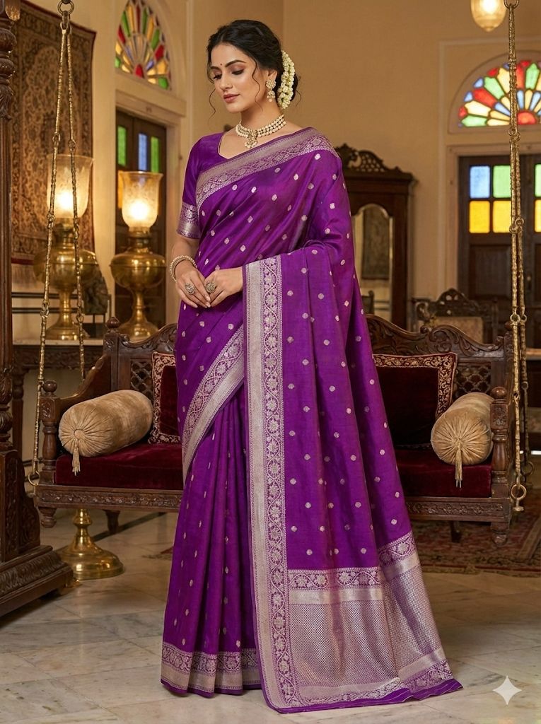 Banarasi Chanderi Silk Saree in Violet with Buti Zari Work