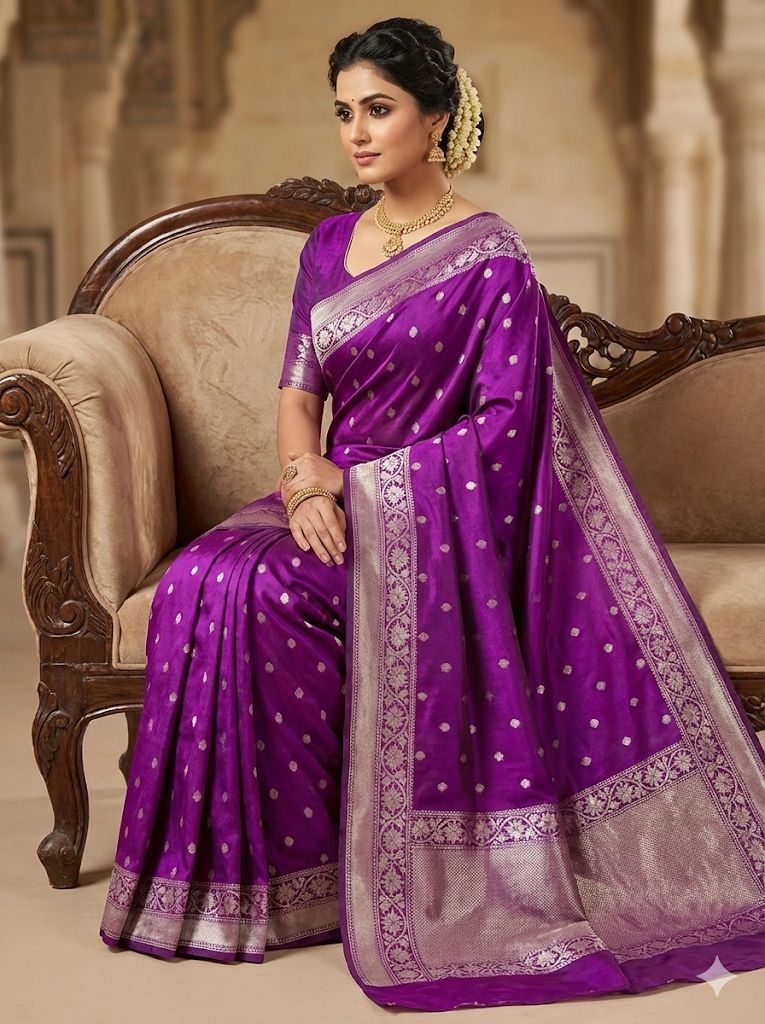 Banarasi Chanderi Silk Saree in Violet with Buti Zari Work