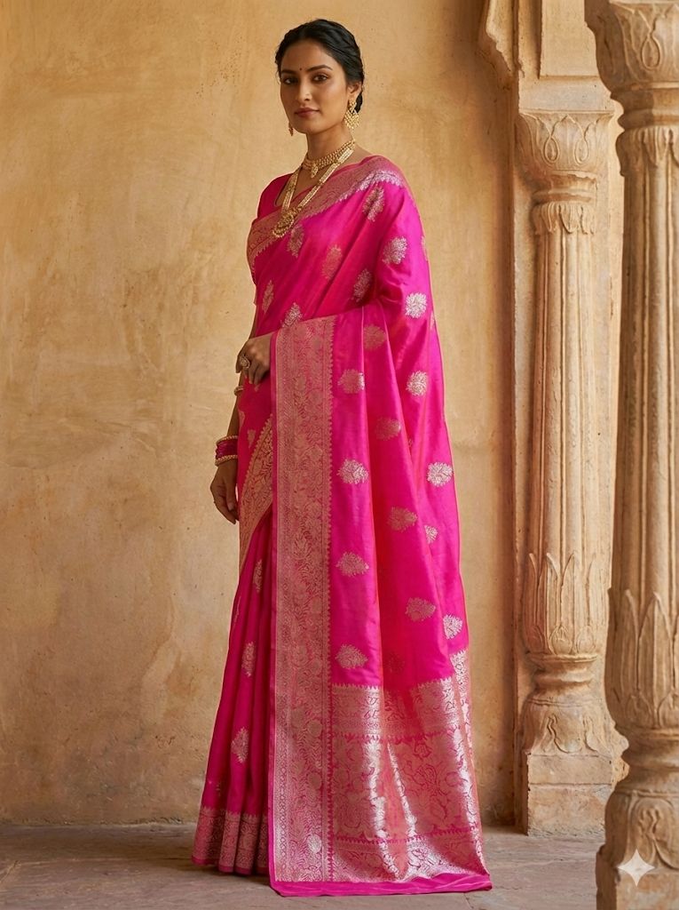 Banarasi Katan Silk Saree in Rani with Boota Zari Work