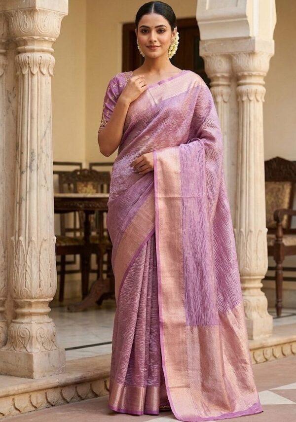 Banarasi Crush Tissue Saree in Pink with Zari Work