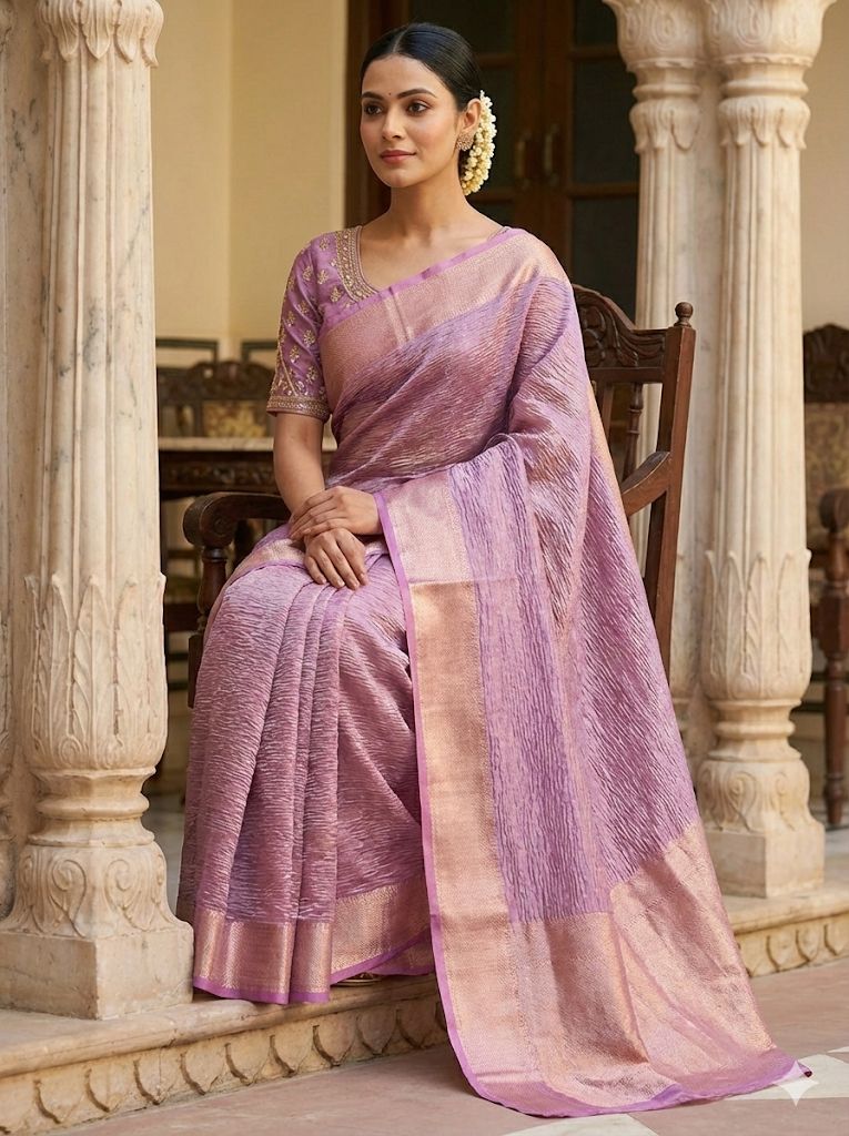 Banarasi Crush Tissue Saree in Pink with Zari Work