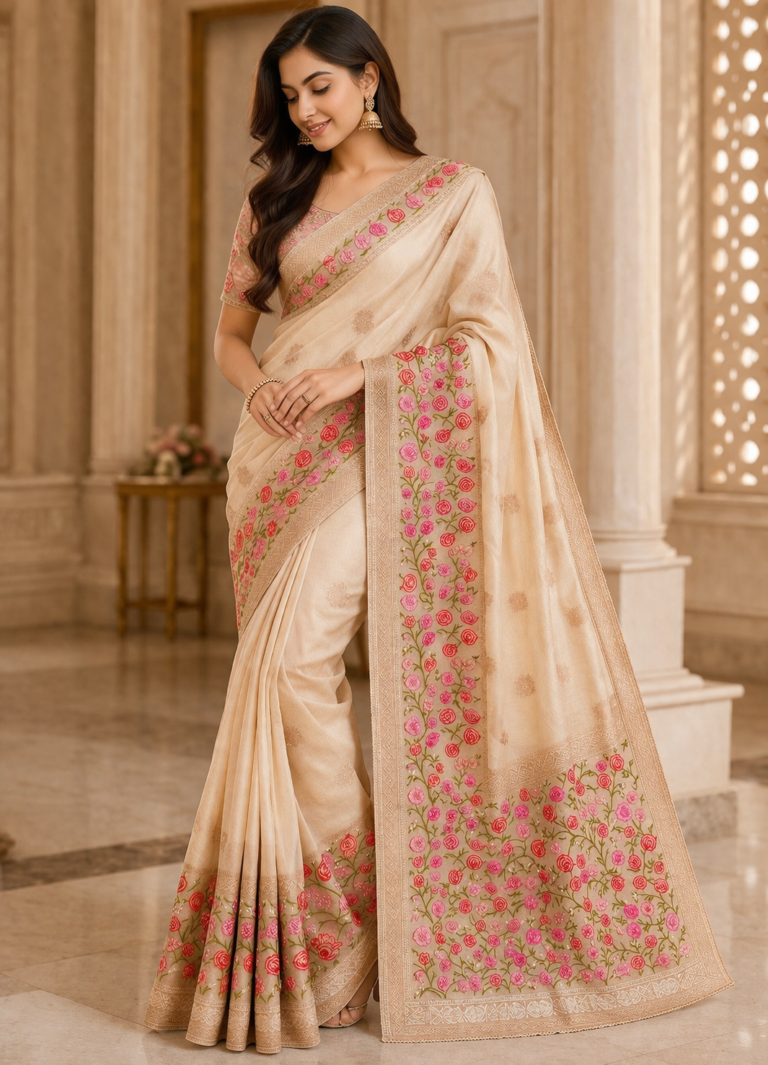 Home 17 Organza Saree in Off White with Floral Embroidery