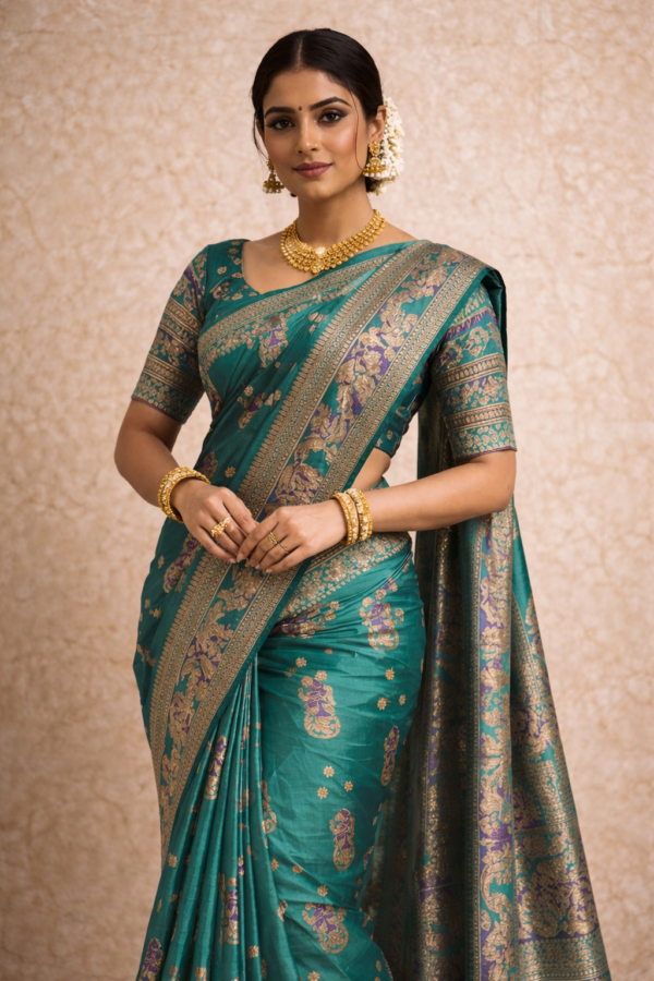 Swarnachari Silk Saree in Sea Green with Mythological Zari Panels