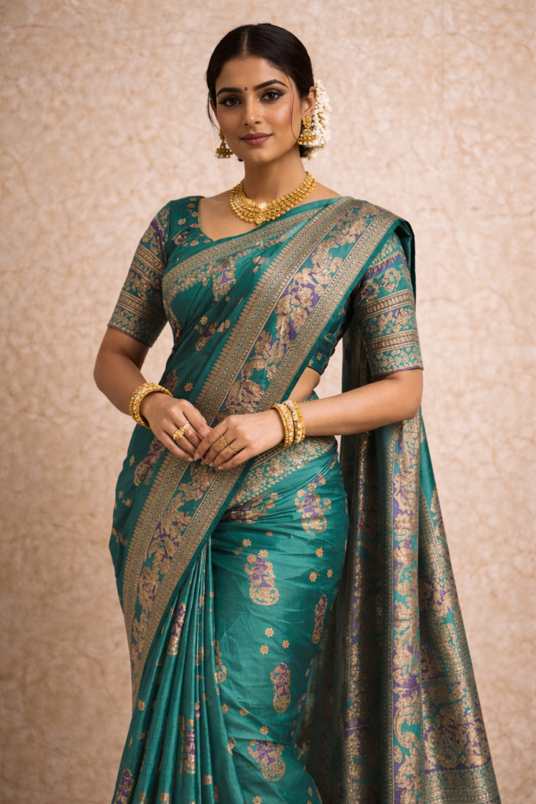 Home 19 Swarnachari Silk Saree in Sea Green with Mythological Zari Panels