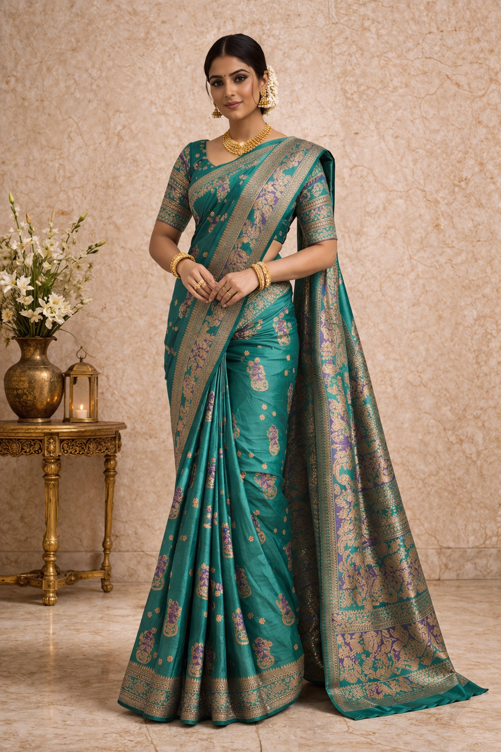 Swarnachari Silk Saree in Sea Green with Mythological Zari Panels