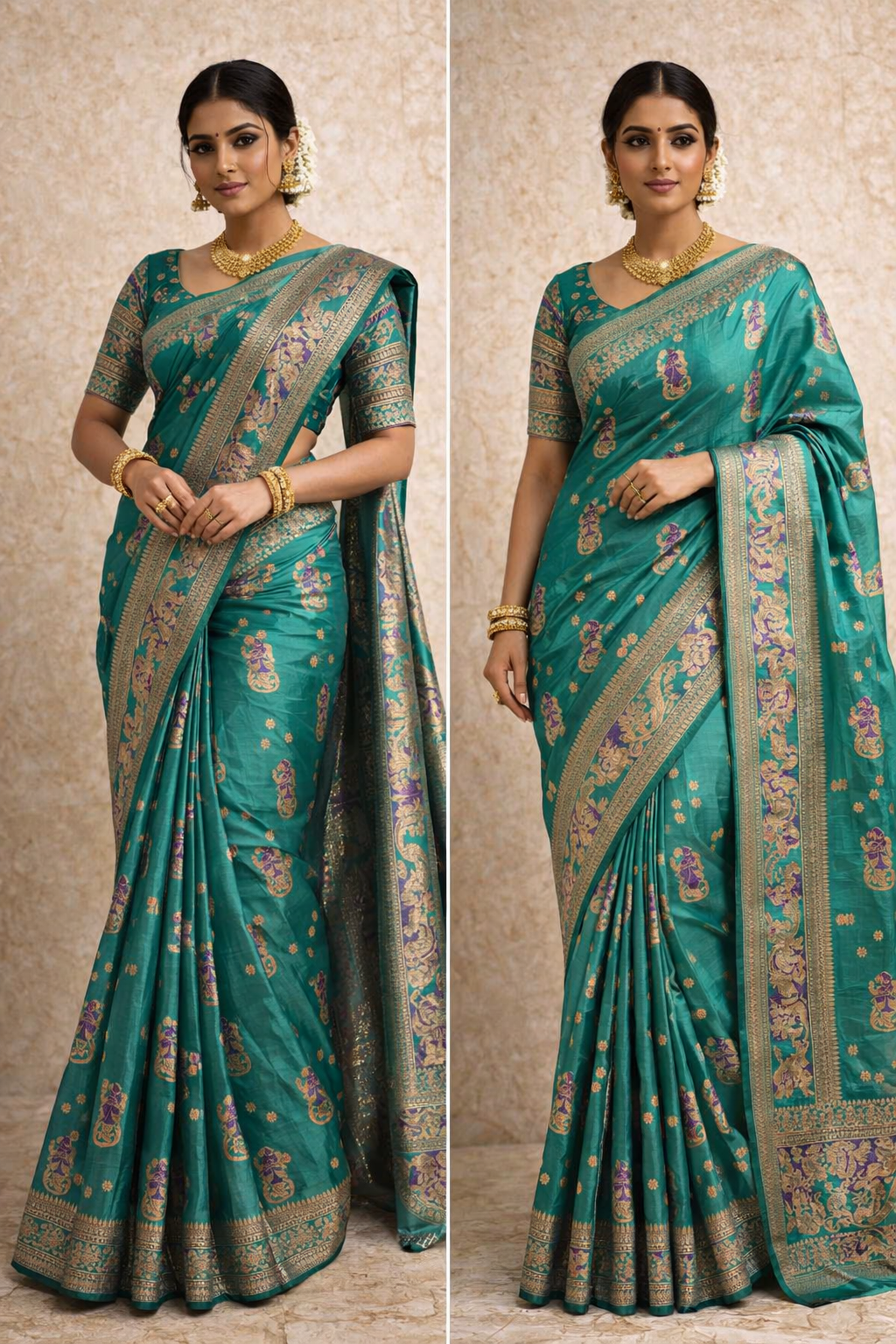 Swarnachari Silk Saree in Sea Green with Mythological Zari Panels