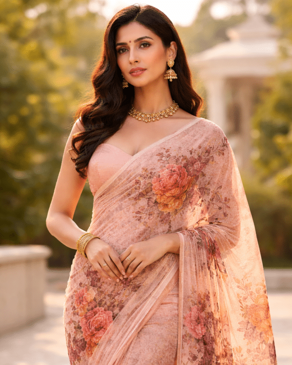 Organza Saree in Blush Pink with Floral Print and Woven Border