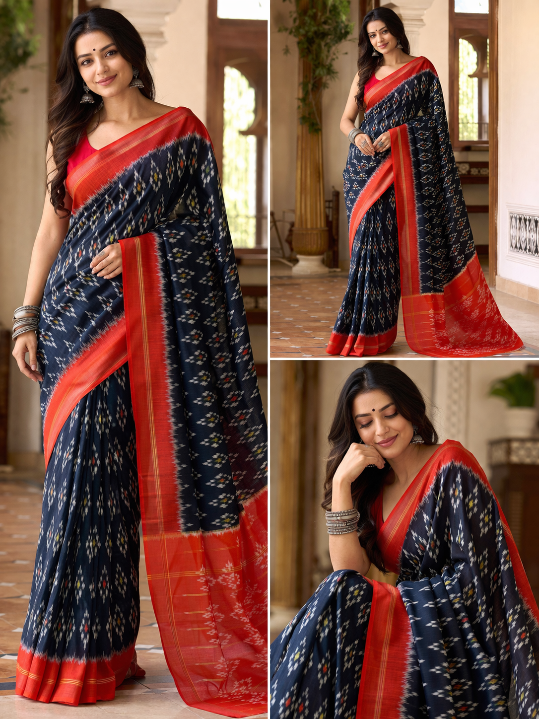 Pochampally Ikkat Silk Saree in Navy Blue with Geometric Diamond Motifs