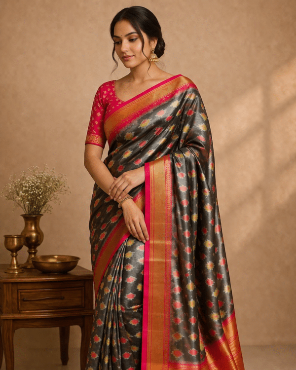 Pochampally Ikkat Silk Saree in Grey with Elongated Diamond Motifs