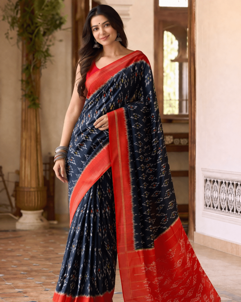 Pochampally Ikkat Silk Saree in Navy Blue with Geometric Diamond Motifs