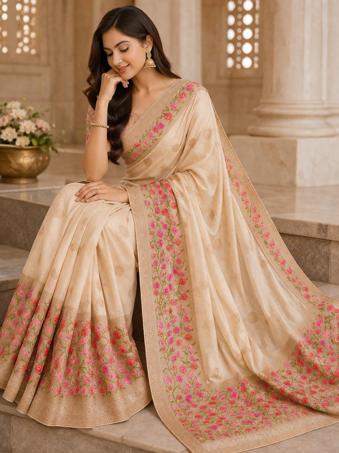 Organza Saree in Off White with Floral Embroidery