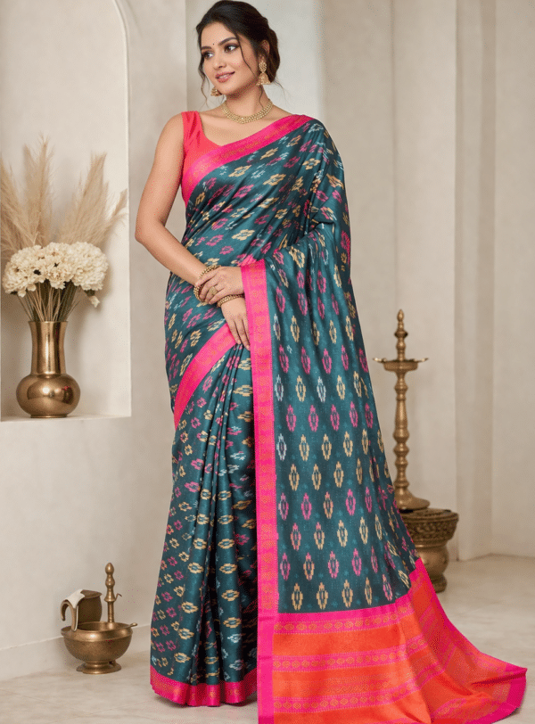 Pochampally Ikkat Silk Saree in Green with Linear Motifs