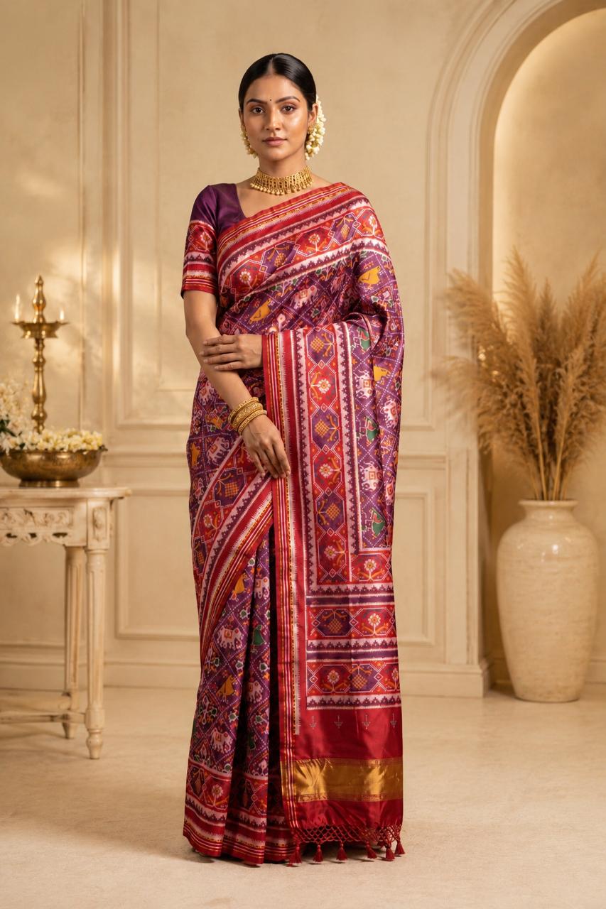 Semi Patola Saree with Heritage Geometric & Elephant Motifs