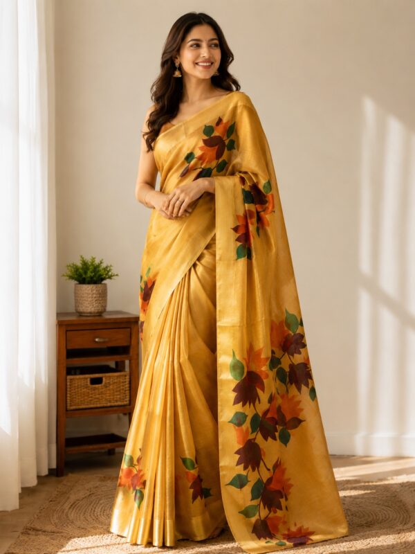 Golden Yellow Hand-Painted Pure Silk Saree – Silk Mark Certified