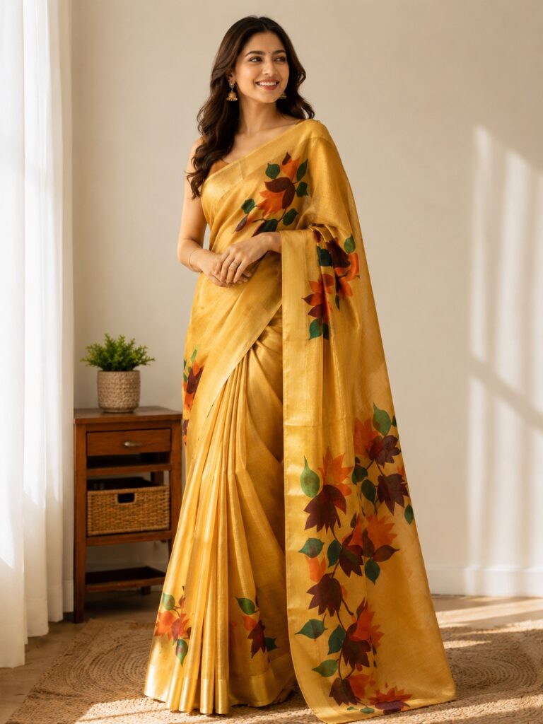 Home 24 Golden Yellow Hand-Painted Pure Silk Saree – Silk Mark Certified